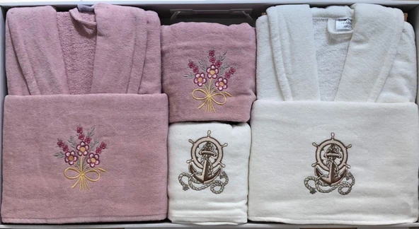 Royam Chıara Kadife Pamuklu Nakışlı 6 Parça Aile Bornoz Seti Bornoz Takımı - 3