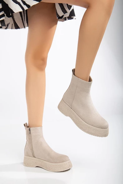 Kadın Bot Bej Kalın Taban Süet Bağsız Yüzüdüz - Resim 2