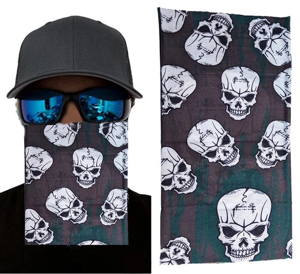 Kahve Yeşil Renk Üzeri Likralı Çoklu Kafatası Baskılı Baf Buff Bandana 25x48 cm