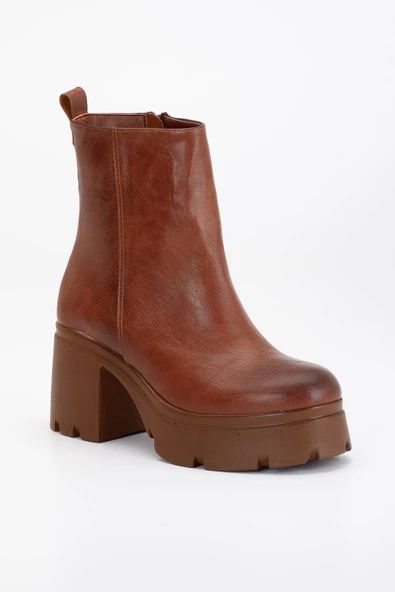 Topuklu Bot Kadın Platform Taba Yüzüdüz Fermuarlı - Resim 4