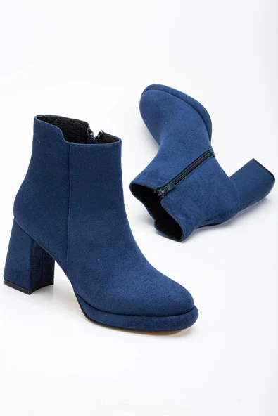 Kadın Platform Topuklu Bot Lacivert Süet Yüzüdüz Fermuarlı - Resim 2