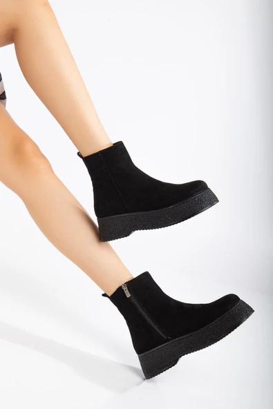 Kadın Bot Siyah Kalın Taban Süet Bağsız Yüzüdüz - Resim 2