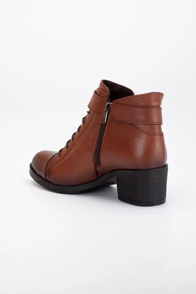 Hakiki Deri Kadın Topuklu Bot Taba Kısa Bağlı Fermuarlı - Resim 5