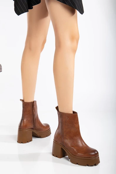 Topuklu Bot Kadın Platform Taba Yüzüdüz Fermuarlı - Resim 2