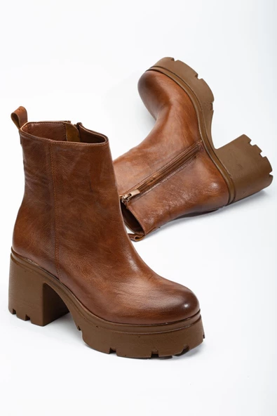 Topuklu Bot Kadın Platform Taba Yüzüdüz Fermuarlı ürün görseli