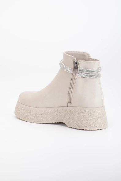 Kadın Bot Bej Kalın Taban Suni Deri Taşlı Bağsız Yüzüdüz - Resim 5