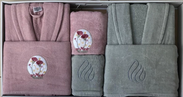 Royam Chıara Kadife Pamuklu Nakışlı 6 Parça Aile Bornoz Seti Bornoz Takımı - 5