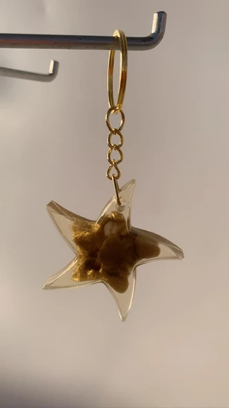 Transparan Sarı Renk Üzerine Gold Süslemeli Gold Aksesuarlı Yıldız Şekil Epoksi Anahtarlık El Yapımı Yldz2 - 6