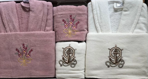 Royam Chıara Kadife Pamuklu Nakışlı 6 Parça Aile Bornoz Seti Bornoz Takımı