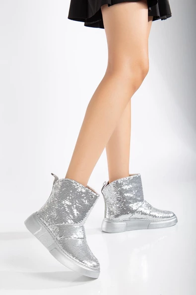 Kadın Bot Düz Taban Gümüş Pullu Bağsız Parlak - Resim 2
