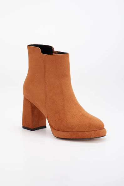 Kadın Platform Topuklu Bot Taba Süet Yüzüdüz Fermuarlı - Resim 4