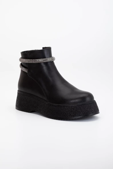 Kadın Bot Siyah Kalın Taban Suni Deri Taşlı Bağsız Yüzüdüz - Resim 4