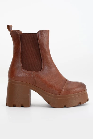 Topuklu Bot Kadın Platform Taba Parçalı Elastik Kalın Taban - Resim 3