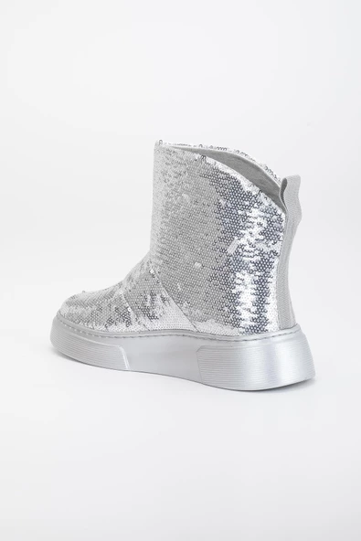 Kadın Bot Düz Taban Gümüş Pullu Bağsız Parlak - Resim 5
