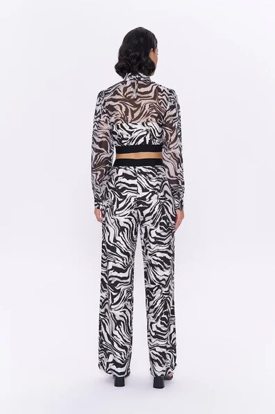 Beli Lastikli Zebra Desenli Pantolon Siyah - 4
