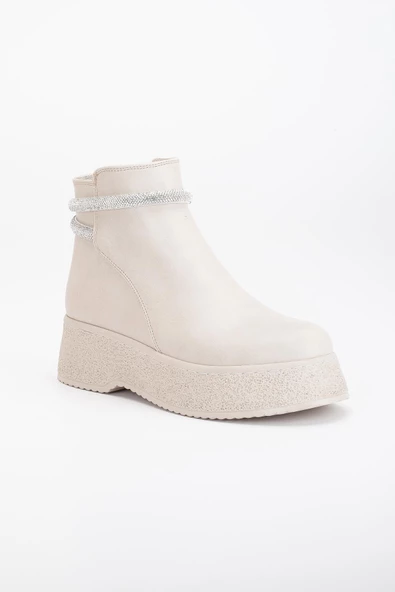 Kadın Bot Bej Kalın Taban Suni Deri Taşlı Bağsız Yüzüdüz - Resim 4