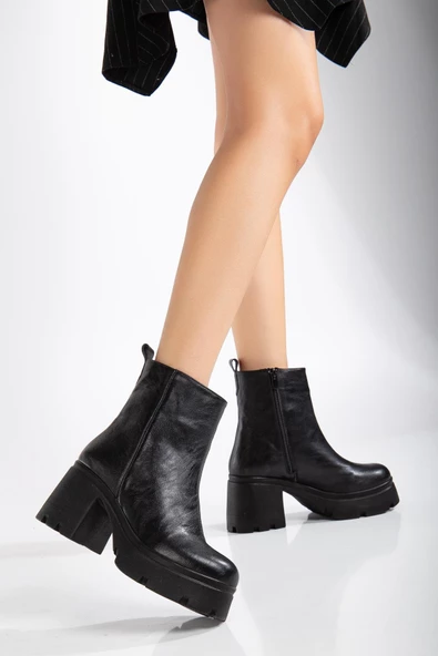 Topuklu Bot Kadın Platform Siyah Yüzüdüz Fermuarlı - Resim 2