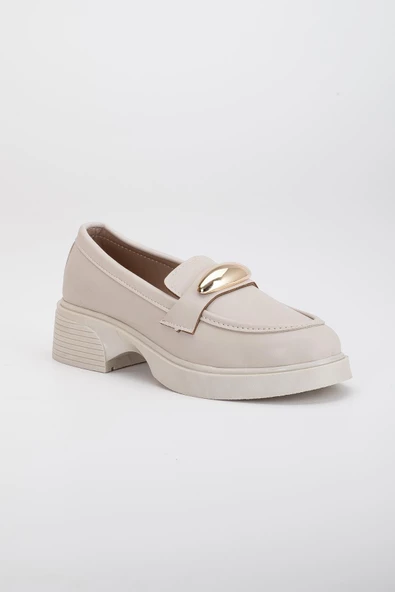 Kadın Günlük Ayakkabısı Bej Oval Tokalı Saraçlı - Resim 4