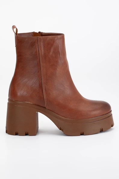 Topuklu Bot Kadın Platform Taba Yüzüdüz Fermuarlı - Resim 3