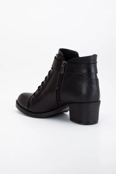 Hakiki Deri Kadın Topuklu Bot Siyah Kısa Bağlı Fermuarlı - Resim 5