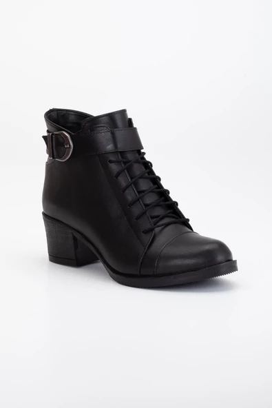 Hakiki Deri Kadın Topuklu Bot Siyah Kısa Bağlı Fermuarlı - Resim 4