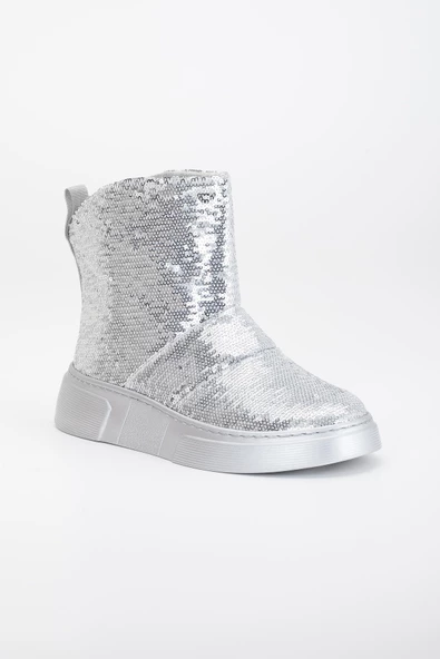 Kadın Bot Düz Taban Gümüş Pullu Bağsız Parlak - Resim 4