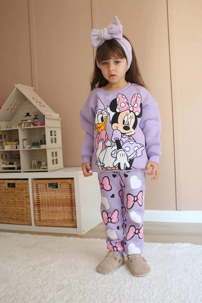 KIZ ÇOCUK MİNNİE MODELLİ 3İPLİK ŞARDONLU EŞOFMAN TAKIMI - 3