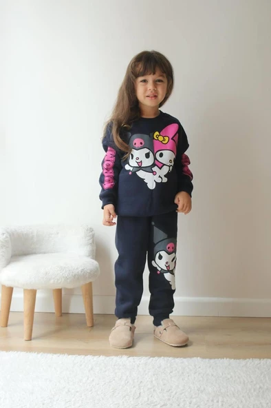 KIZ ÇOCUK KUROMİ MODELLİ 3İPLİK ŞARDONLU EŞOFMAN TAKIMI - Resim 4