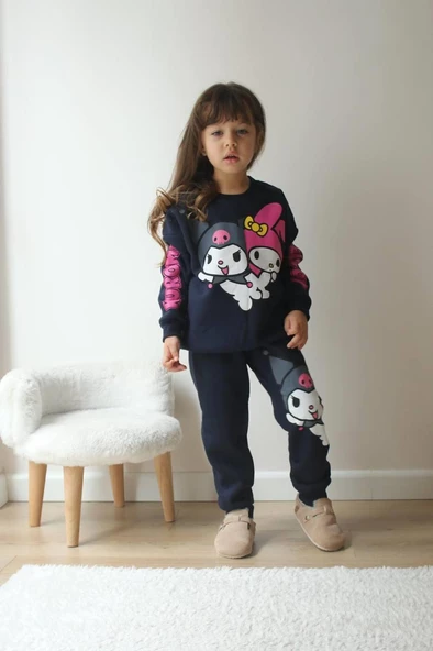 KIZ ÇOCUK KUROMİ MODELLİ 3İPLİK ŞARDONLU EŞOFMAN TAKIMI - Resim 5