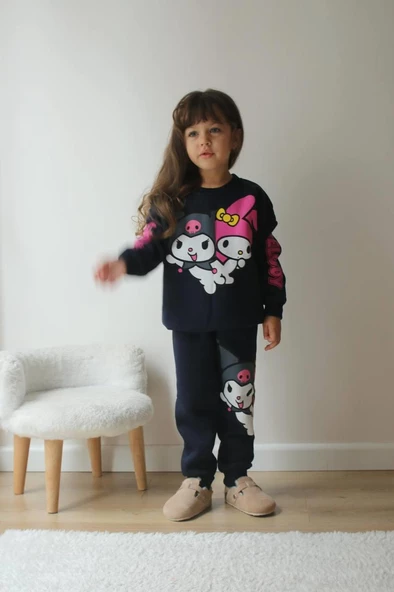 KIZ ÇOCUK KUROMİ MODELLİ 3İPLİK ŞARDONLU EŞOFMAN TAKIMI - Resim 6