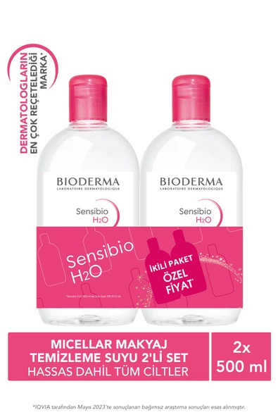 Bioderma Sensibio H2O Micellar Makyaj Temizleme Suyu 2'li Set Hassas ve Tüm Ciltler Yüz ve Göz Çevresi 500 m