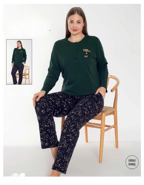 Senfoni Kadın Büyük Beden Düğmeli Yaka Uzun Kol Pamuk Likralı Pijama Takımı 6096 -1 Adet  Haki 5XL