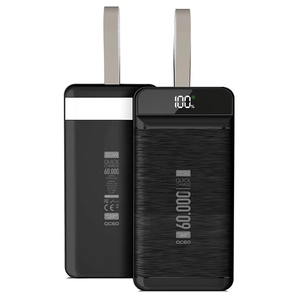 POWERWAY QC60 22.5W KABLOLU 3.0 60000 MAH SİYAH-BEYAZ POWERBANK