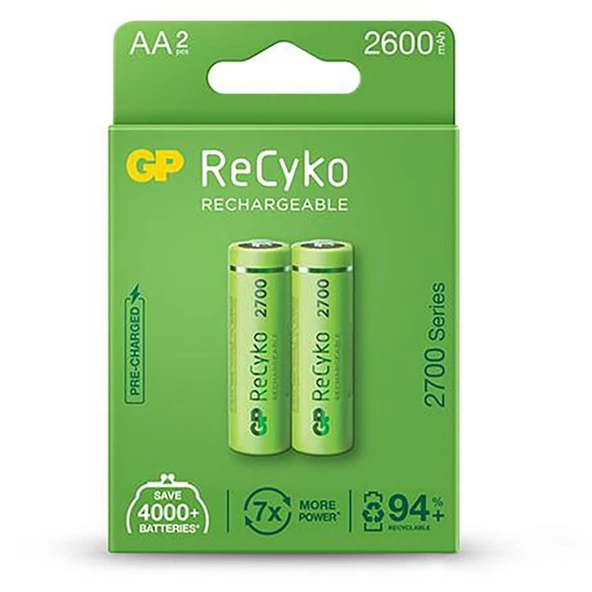 GP 2600 MAH R6 AA KALEM ŞARJLI PİL 2Lİ BLS PAKET RECYKO YEŞİL