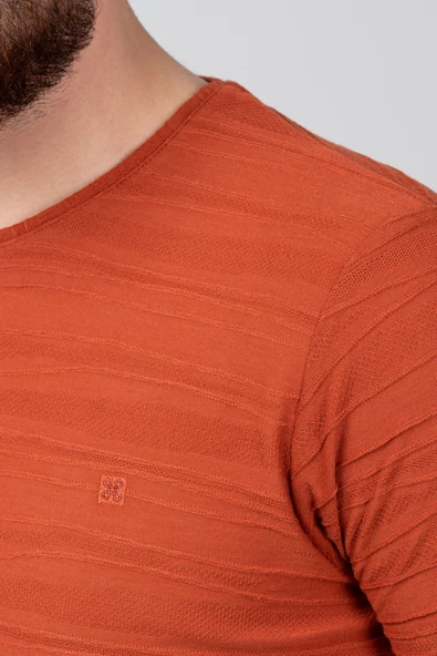 Extra Slimfit Sıfır Yaka Dokulu Erkek T-Shirt - 5