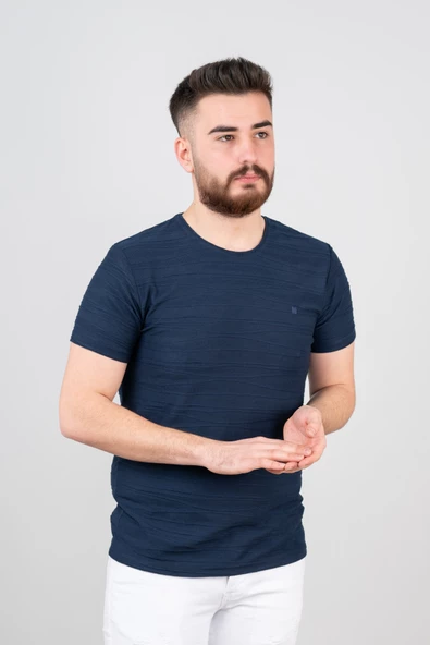 Extra Slimfit Sıfır Yaka Dokulu Erkek T-Shirt - 6