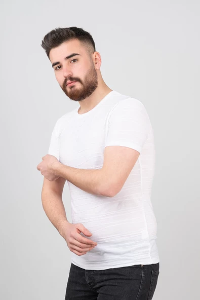 Extra Slimfit Sıfır Yaka Dokulu Erkek T-Shirt - 11