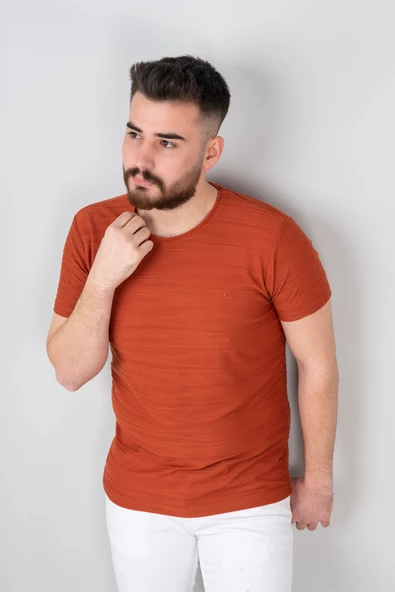 Extra Slimfit Sıfır Yaka Dokulu Erkek T-Shirt