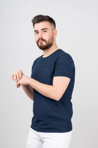 Extra Slimfit Sıfır Yaka Dokulu Erkek T-Shirt - 8