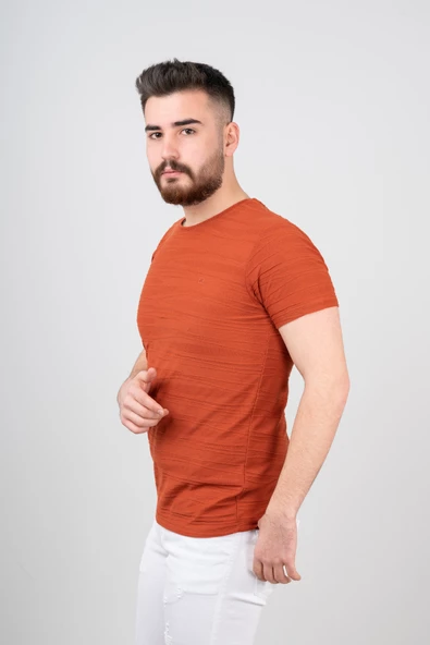 Extra Slimfit Sıfır Yaka Dokulu Erkek T-Shirt - 4
