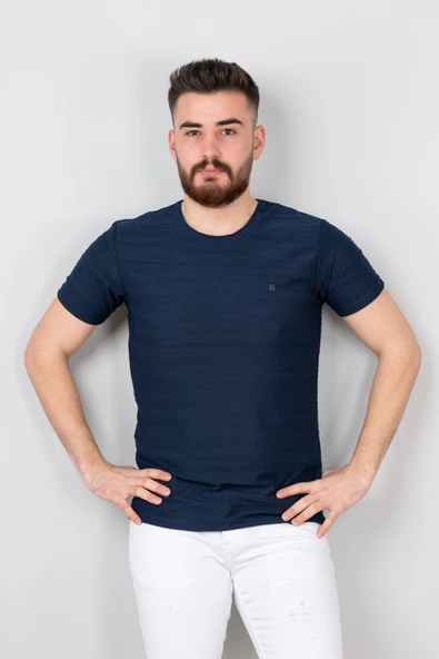 Extra Slimfit Sıfır Yaka Dokulu Erkek T-Shirt - 7