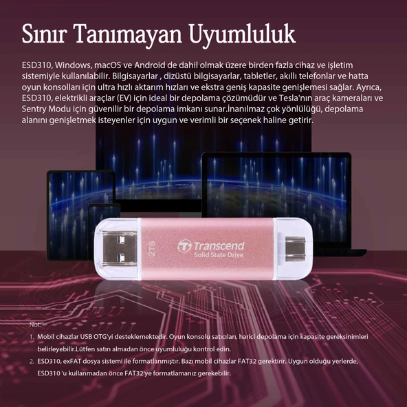 Transcend TS1TESD310P 1TB USB/Type-C 10Gbps Taşınabilir Harici SSD - Pembe - 6