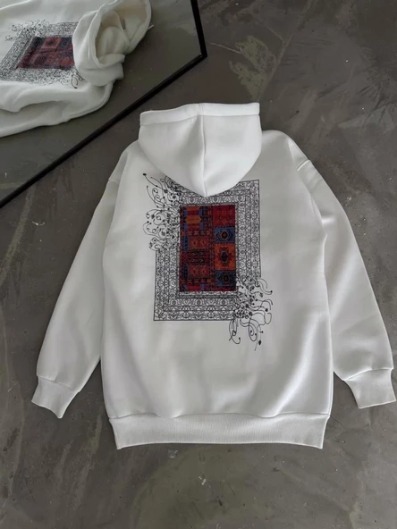 Uzun Kol Kapşonlu Ön Ve Arka Baskılı SweatShirt - Beyaz - 4