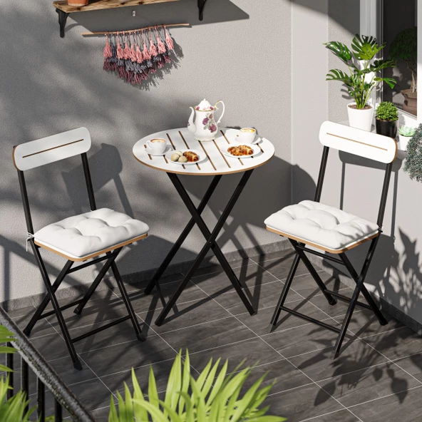 Eportatif Minderli Bistro Takım Bahçe Masa Sandalye Yuvarlak Beyaz 1485