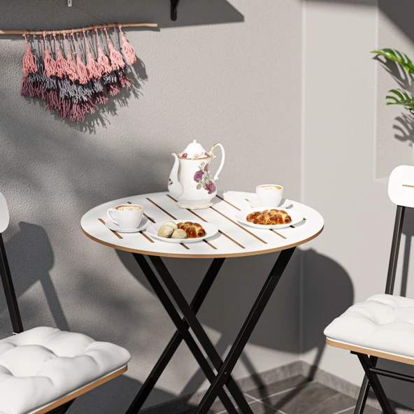 Eportatif Minderli Bistro Takım Bahçe Masa Sandalye Yuvarlak Beyaz 1485 - 3