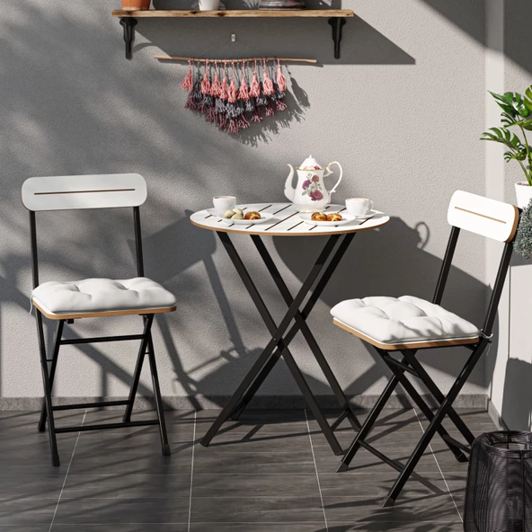 Eportatif Minderli Bistro Takım Bahçe Masa Sandalye Yuvarlak Beyaz 1485 - 2