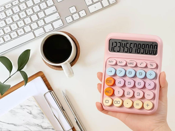 Valkyrie Renkli Çok Şirin 12 Hane Mekanik Hesap Makinası Büyük Ekranlı 4 Fonksiyonlu Ev Ofis Okul Pembe - 7