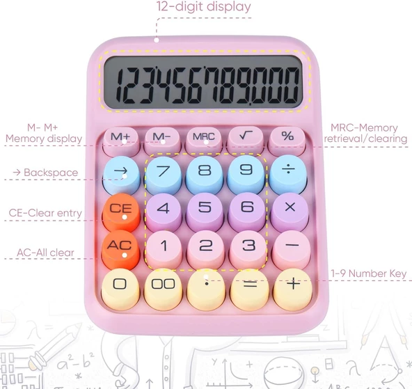 Valkyrie Renkli Çok Şirin 12 Hane Mekanik Hesap Makinası Büyük Ekranlı 4 Fonksiyonlu Ev Ofis Okul Pembe - 9