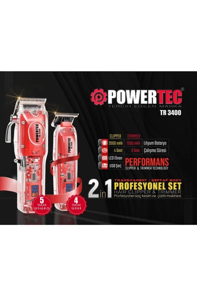 Powertec TR-3400 Profesyonel Seri Şarjlı Saç-Sakal-Ense-Vücut Tıraş Makinesi (2'li Set)