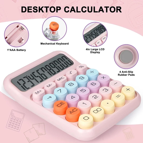 Valkyrie Renkli Çok Şirin 12 Hane Mekanik Hesap Makinası Büyük Ekranlı 4 Fonksiyonlu Ev Ofis Okul Pembe - 10
